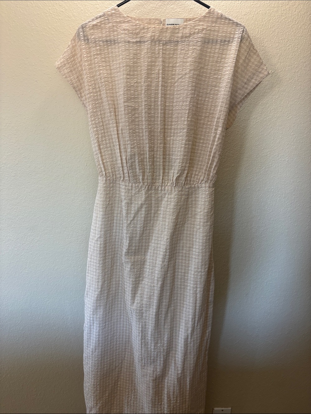 Cream Textured Midi Dress with Subtle Stripe Detail